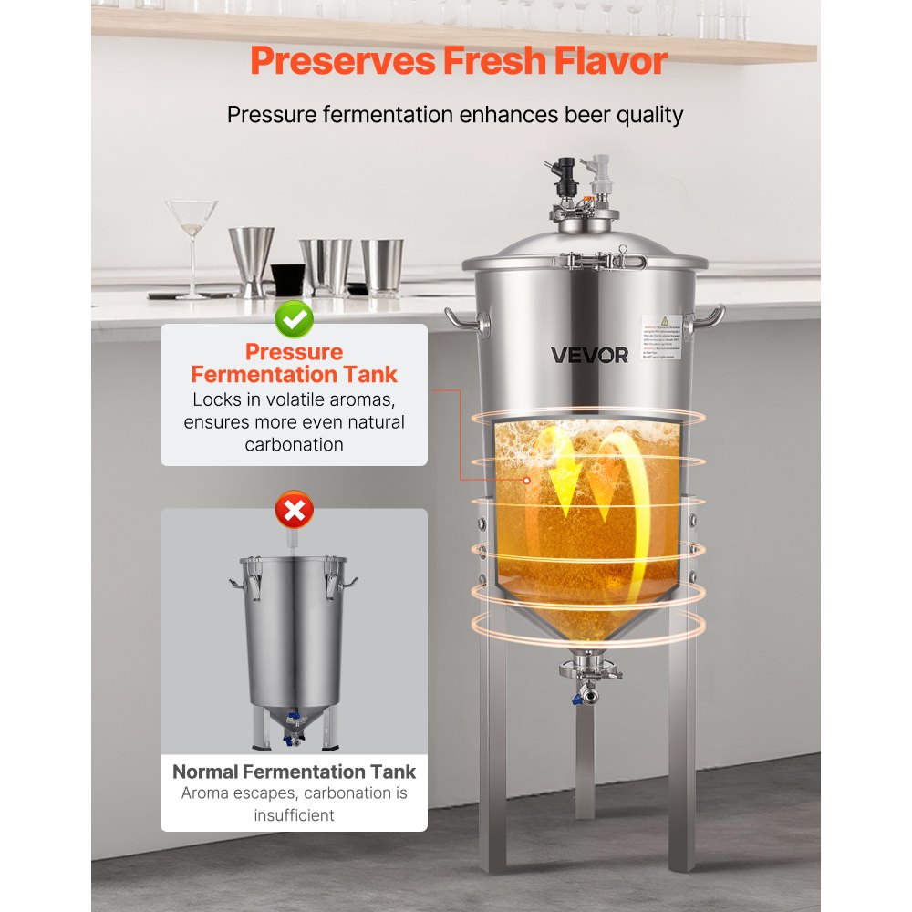VEVOR Pressure Fermenter 15 PSI, 8 Gal/30L All-in-One Stainless Steel Conical Secondary Fermentation Bucket, for Wine