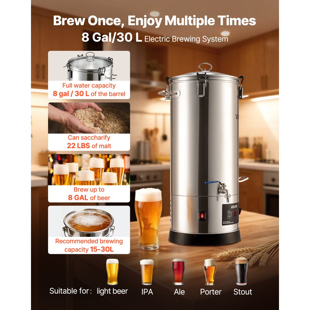VEVOR Beer Brewing Equipment, 8 Gal/30L 304 Stainless Steel Home Beer Brewer,1500W All-in-One Home Brewing Kit with