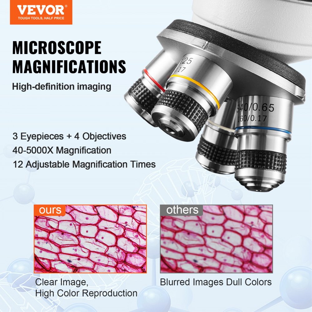 VEVOR Compound Trinocular Microscope, 40X-5000X Magnification Trinocular Compound Lab Microscope with Two-Layer