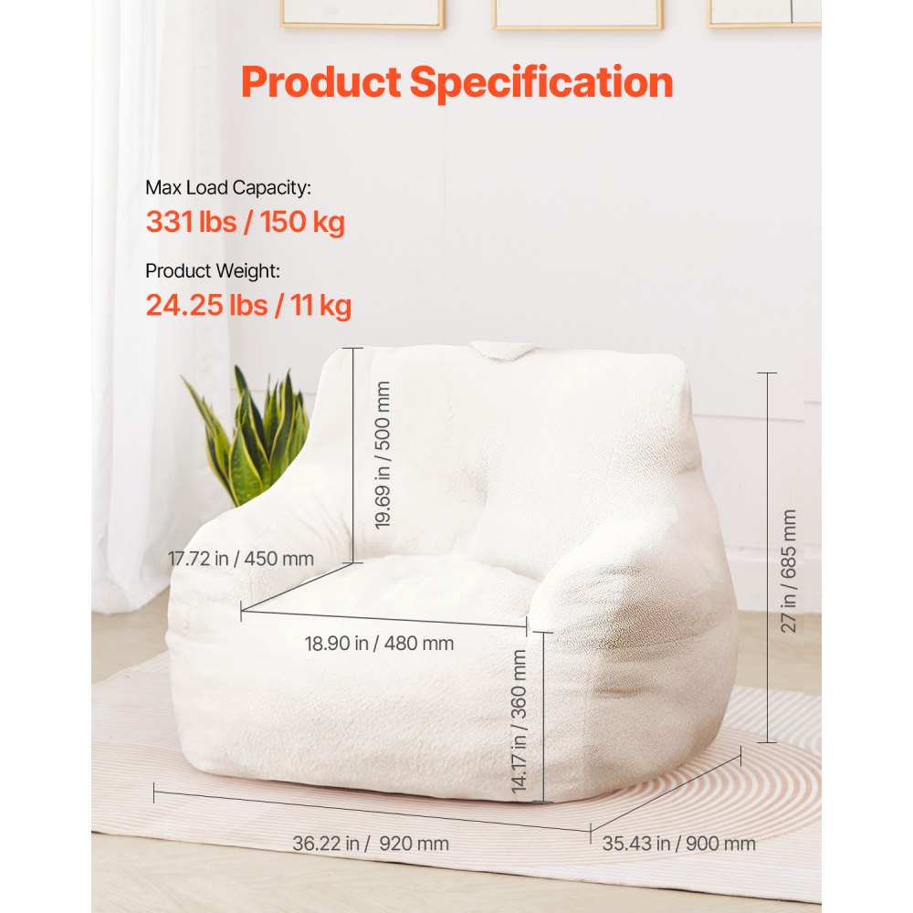 VEVOR Bean Bag Chair, 3 feet Bean Bag Chair with Soft Armrests and Storage Pocket, 25D Memory Foam Filled with Soft
