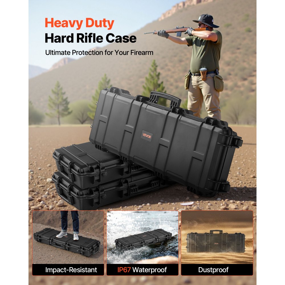 VEVOR Hard Rifle Case, Lockable Rifle Case with Pre-cut Foams, 40 in Gun Storage with Wheels, IP67 Waterproof &