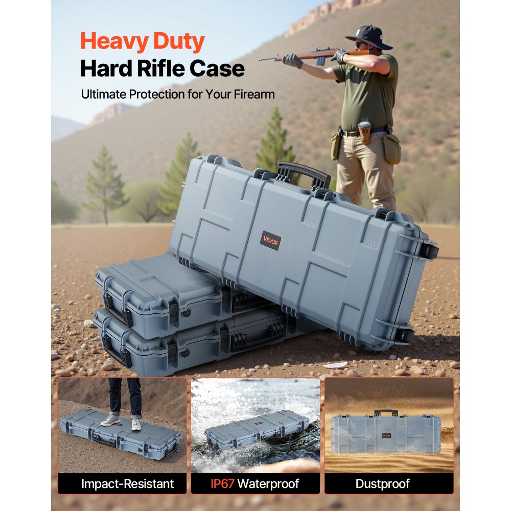 VEVOR Hard Rifle Case, Lockable Rifle Case with Pre-cut Foams, 42 in Movable Gun Storage with Wheels, IP67 Waterproof &