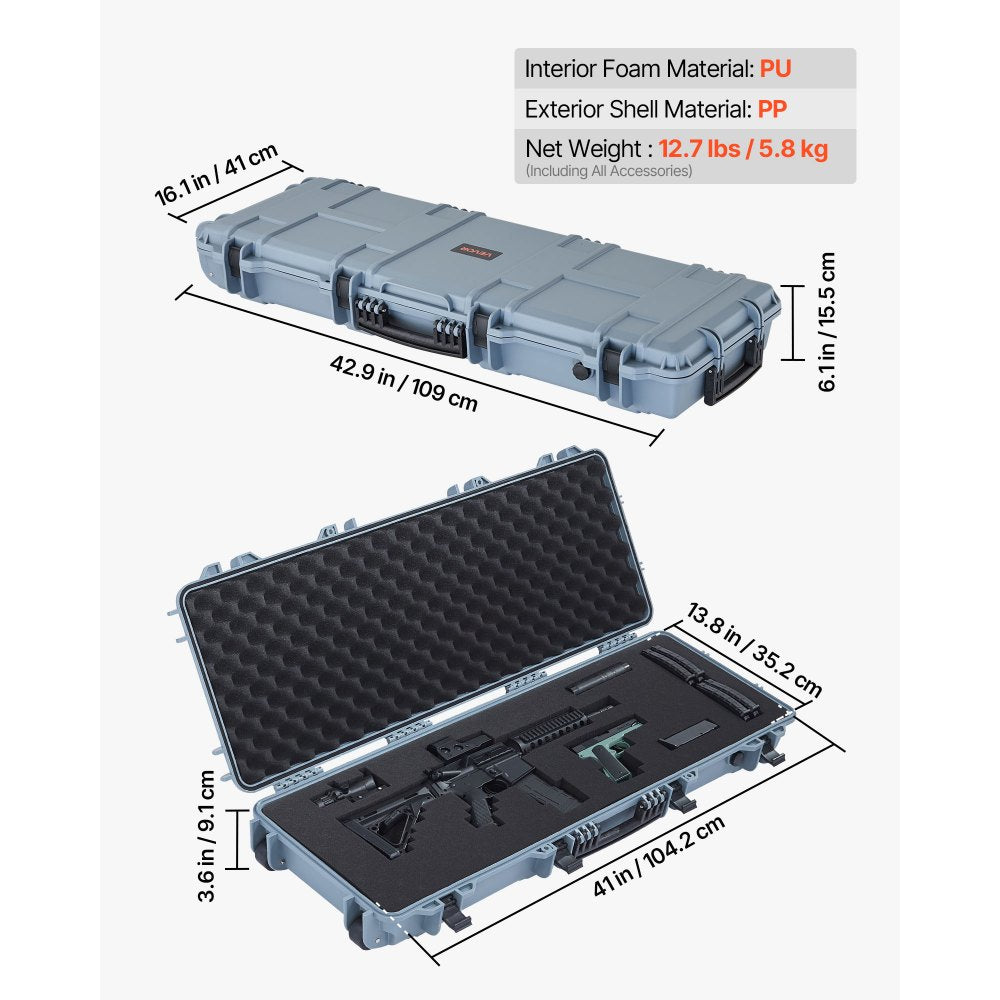 VEVOR Hard Rifle Case, Lockable Rifle Case with Pre-cut Foams, 42 in Movable Gun Storage with Wheels, IP67 Waterproof &