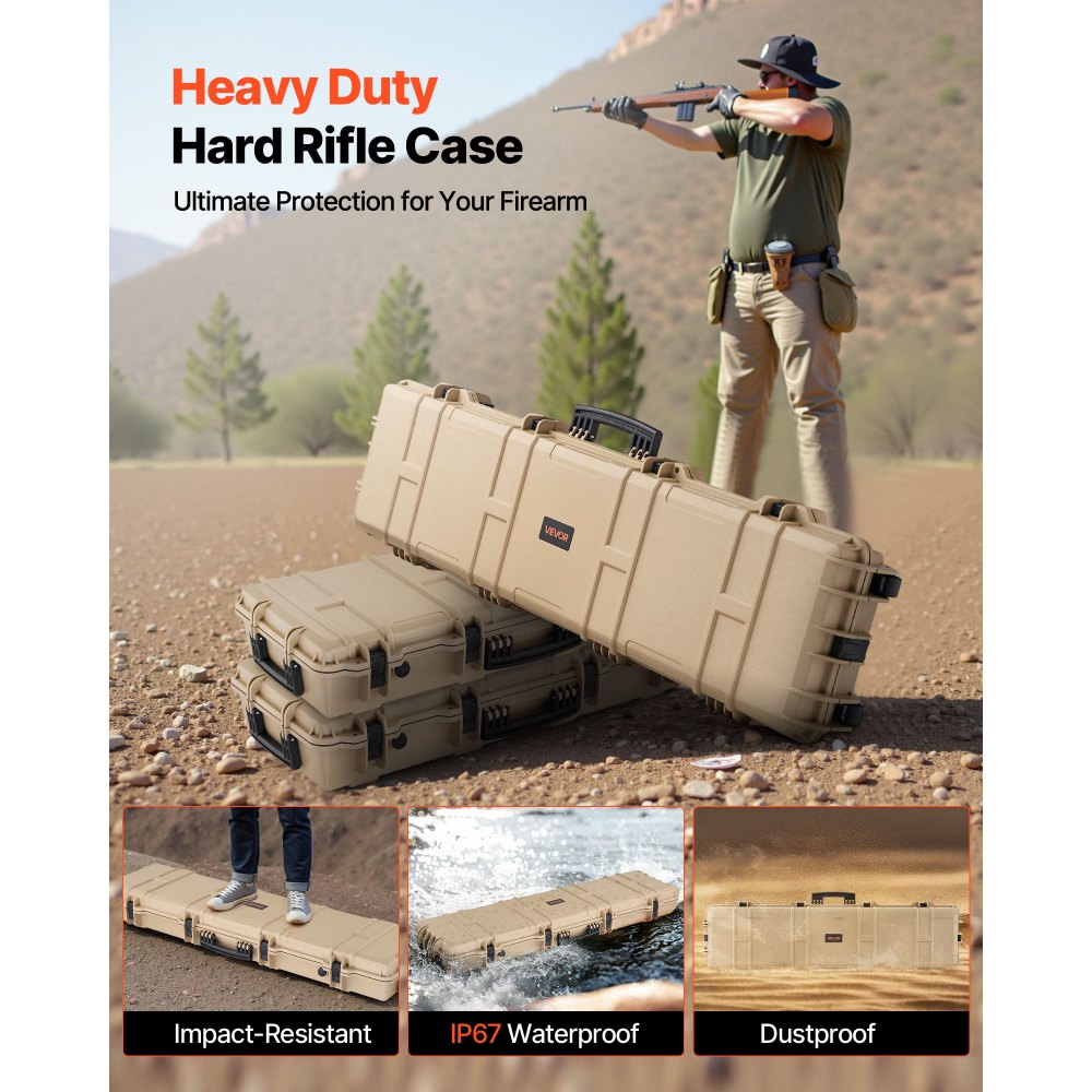 VEVOR Hard Rifle Case, Lockable Rifle Case with Pre-cut Foams, 50 in Movable Gun Storage with Wheels, IP67 Waterproof &