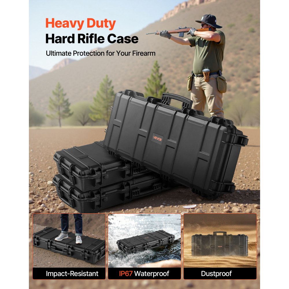 VEVOR Hard Rifle Case, Lockable Rifle Case with 4 Layers Pre-cut Foams, 36 in Gun Storage with Wheels, IP67 Waterproof