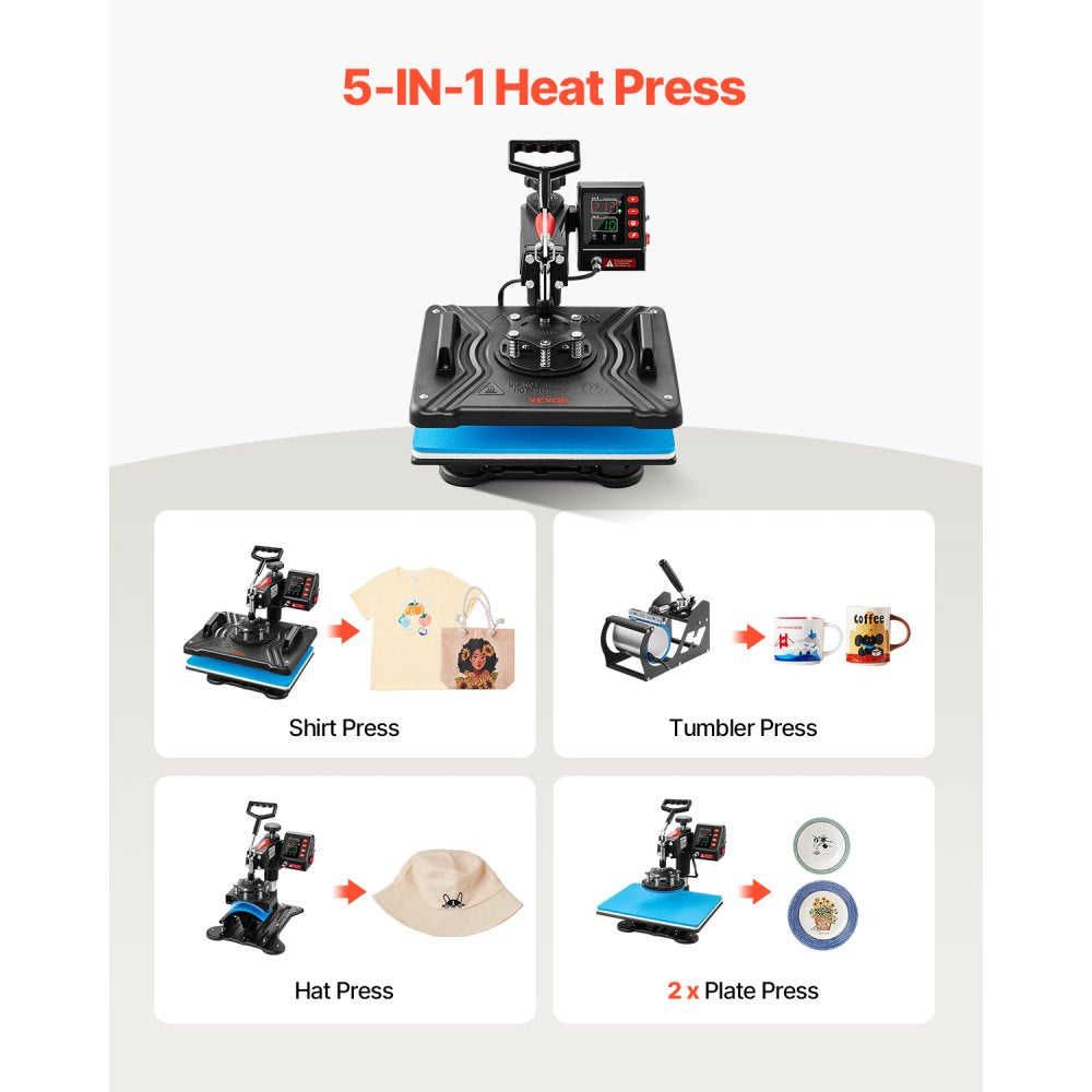 VEVOR Heat Press, 5 in 1 Heat Press 12x15 Machine Machine, Digital Precise Temperature Control, Clamshell Sublimation