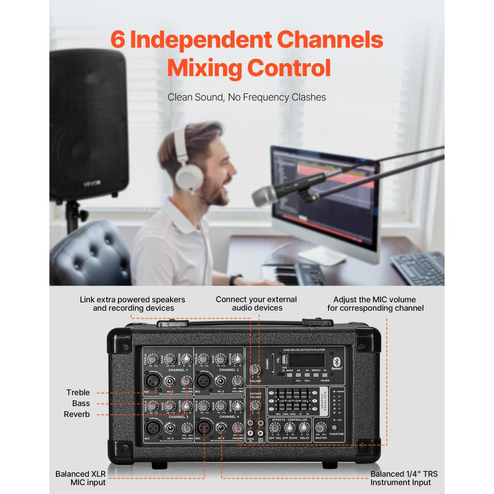 VEVOR Professional PA System, 800W Powered, Sound System Set with 6 Channel Mixer, Dual Speakers, Wireless Bluetooth