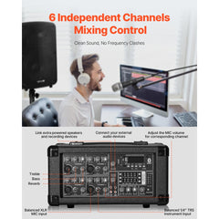VEVOR Professional PA System, 800W Powered, Sound System Set with 6 Channel Mixer, Dual Speakers, Wireless Bluetooth