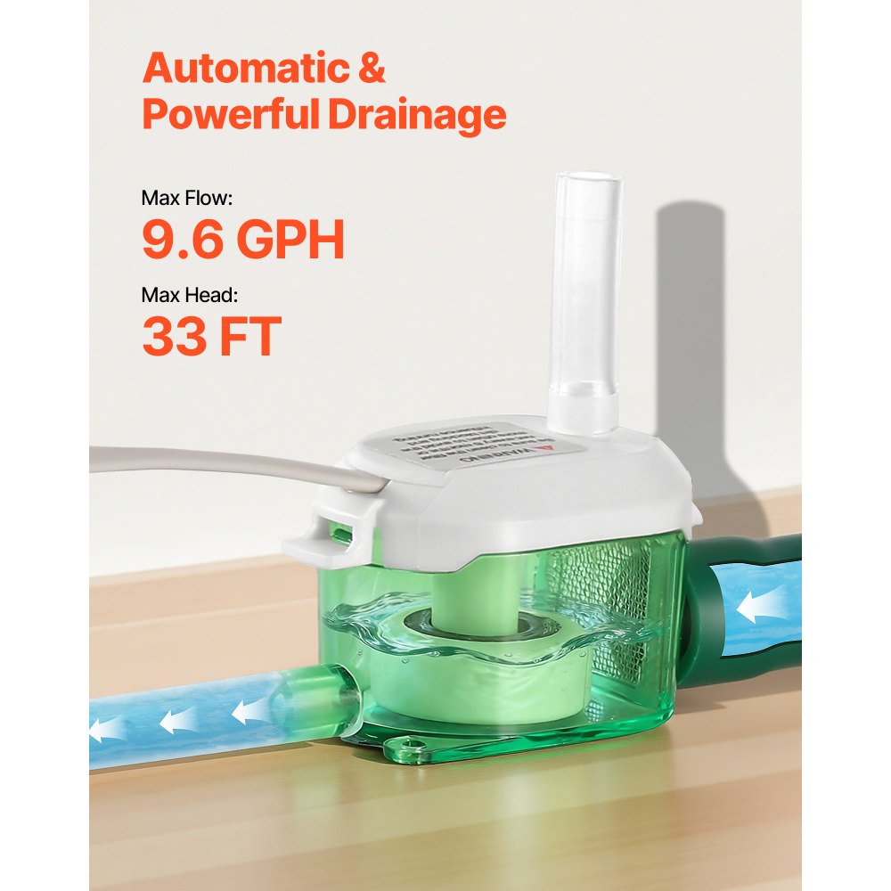 VEVOR Condensate Pump, 1/245 HP, 9.6 GPH, 33 ft Lift, 100-230V Automatic AC Condensation Removal Pump with Safety