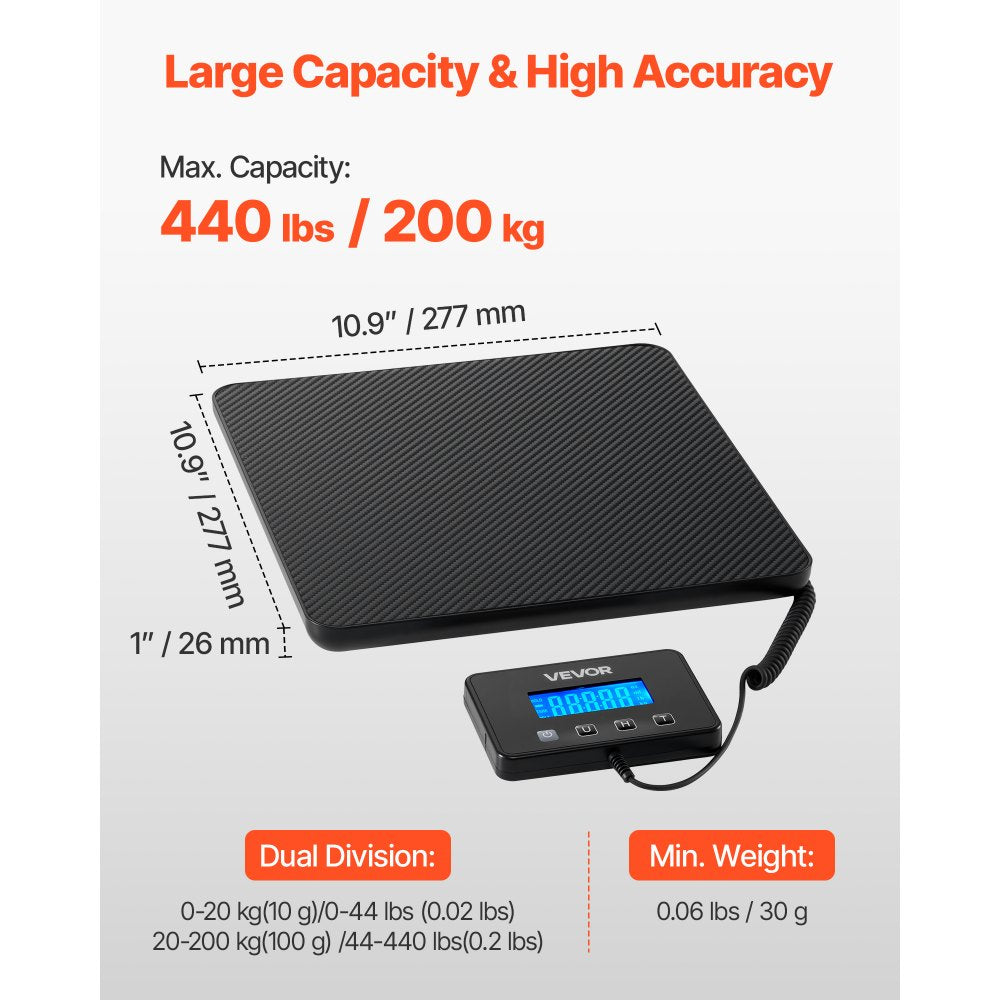 VEVOR Digital Postal Scale, 0.35 oz/3.5 oz Dual Accuracy, 440 lbs Commercial Weight Scale with Hold/Tare Function & LCD