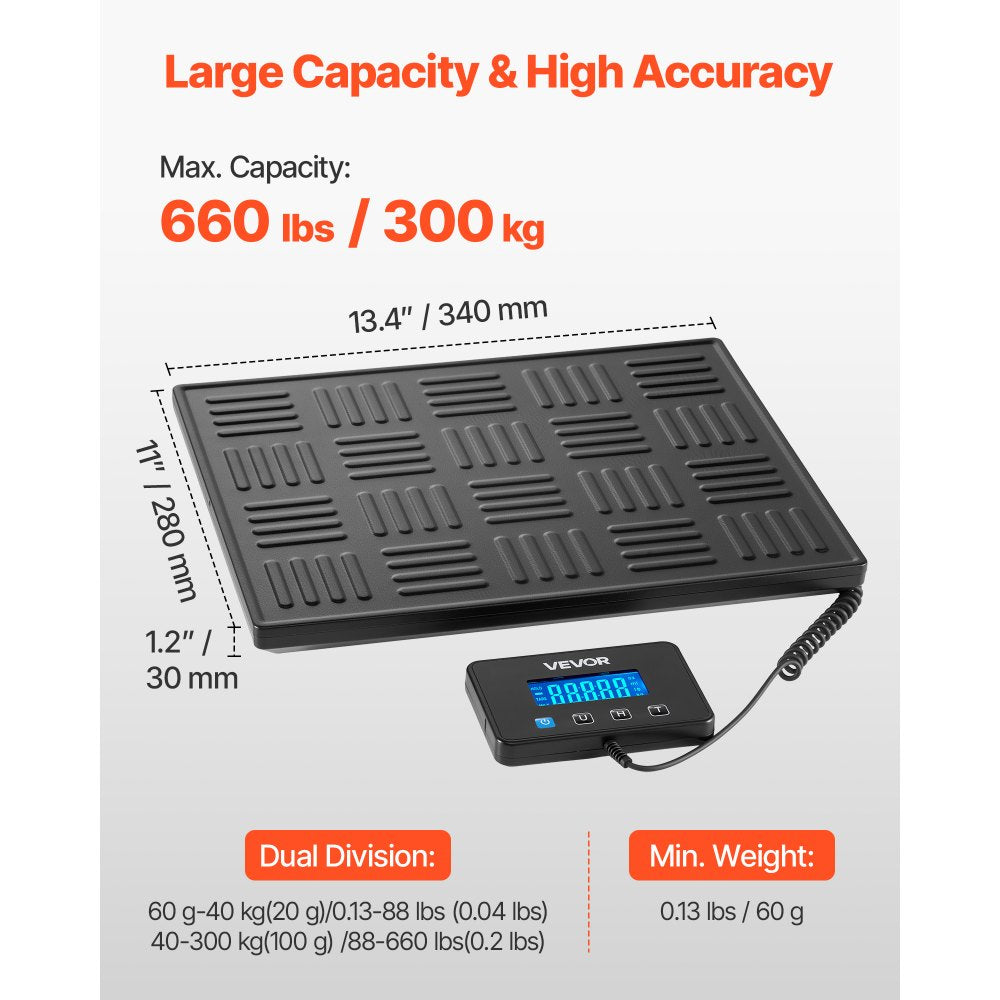 VEVOR Digital Postal Scale, 0.7 oz/3.5 oz Dual Accuracy, 660 lbs Commercial Weight Scale with Hold/Tare Function & LCD