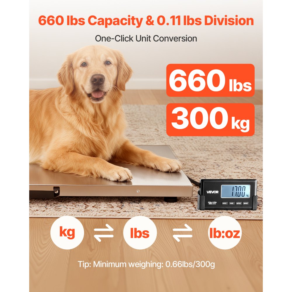 VEVOR Digital Shipping Scale, 0.1 lbs High Accuracy, 660 lbs Postal Scale with LCD Display, Hold/Tare Function & AC/DC