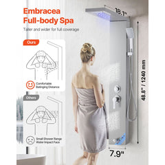 VEVOR Shower Panel Tower System with Rainfall Waterfall Shower Head, LED, 53 in Brushed Stainless Steel Shower Column
