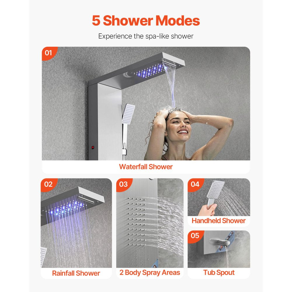VEVOR Shower Panel Tower System with Rainfall Waterfall Shower Head, LED, 53 in Brushed Stainless Steel Shower Column
