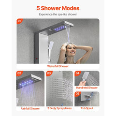 VEVOR Shower Panel Tower System with Rainfall Waterfall Shower Head, LED, 53 in Brushed Stainless Steel Shower Column