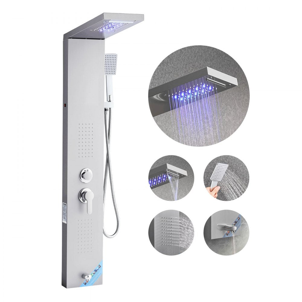 VEVOR Shower Panel Tower System with Rainfall Waterfall Shower Head, LED, 53 in Brushed Stainless Steel Shower Column