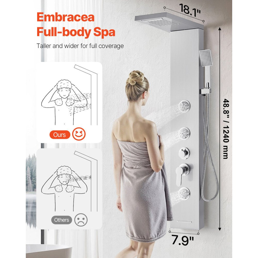 VEVOR Shower Panel Tower System with Rainfall Waterfall Shower Head, 53 in Brushed Stainless Steel Shower Column