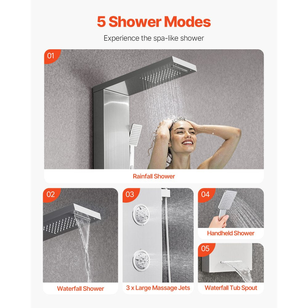 VEVOR Shower Panel Tower System with Rainfall Waterfall Shower Head, 53 in Brushed Stainless Steel Shower Column