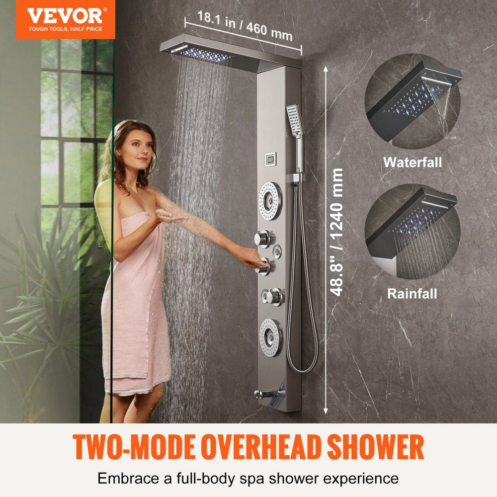 VEVOR Shower Panel System, 6 Shower Modes, LED & Display Shower Panel Tower, Rainfall, Waterfall, 4 Body Massage Jets