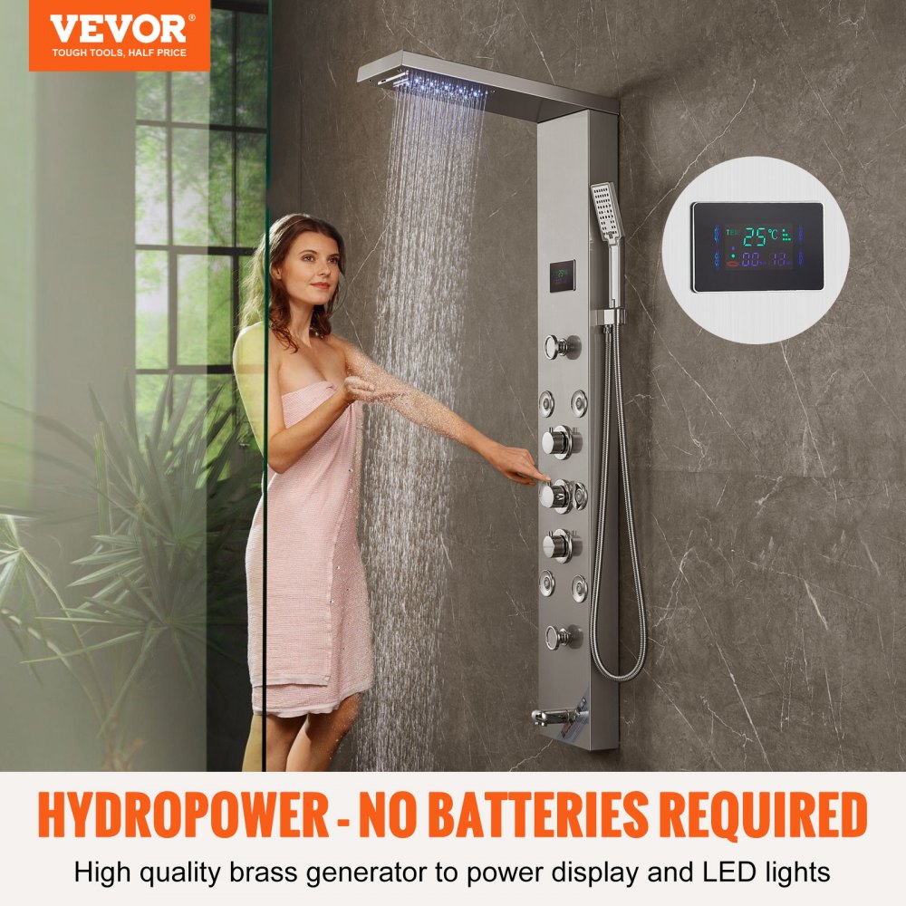 VEVOR Shower Panel System, 6 Shower Modes, LED & Screen Hydroelectricity Shower Panel Tower, Rainfall, Waterfall, 8