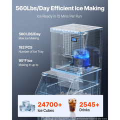 VEVOR Commercial Ice Maker Machine 560 Lbs/24H Ice-Making Stainless Steel, for Bar Cafe Restaurant Business, Ice Ready