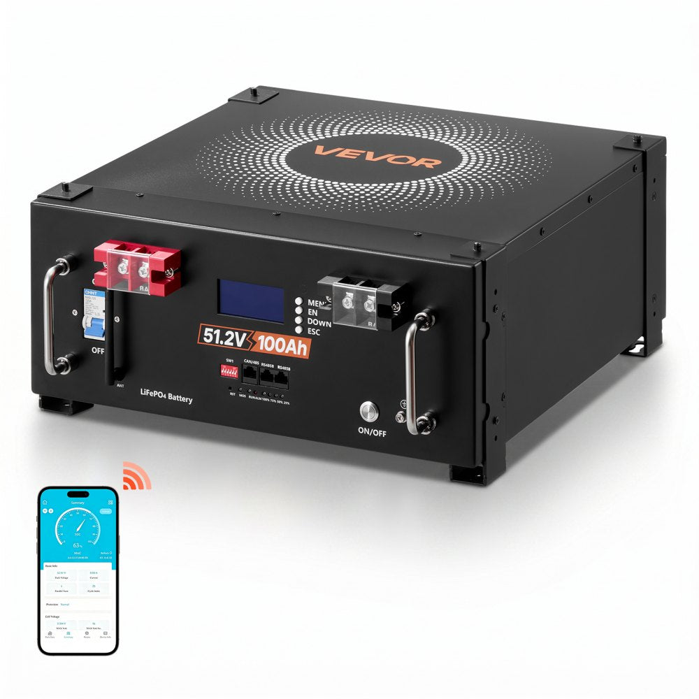 VEVOR 48V 100Ah LiFePO4 Lithium Battery, Built-in 100A BMS, 51.2V Server Rack LiFePO4 Battery with Bluetooth, 5120Wh