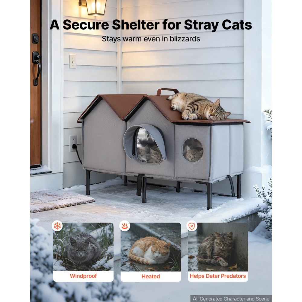 VEVOR Elevated Heated Cat House 35W Insulated Kitty Shelter with Heated Pad, for Indoor Outdoor Winter Use, Double-Door