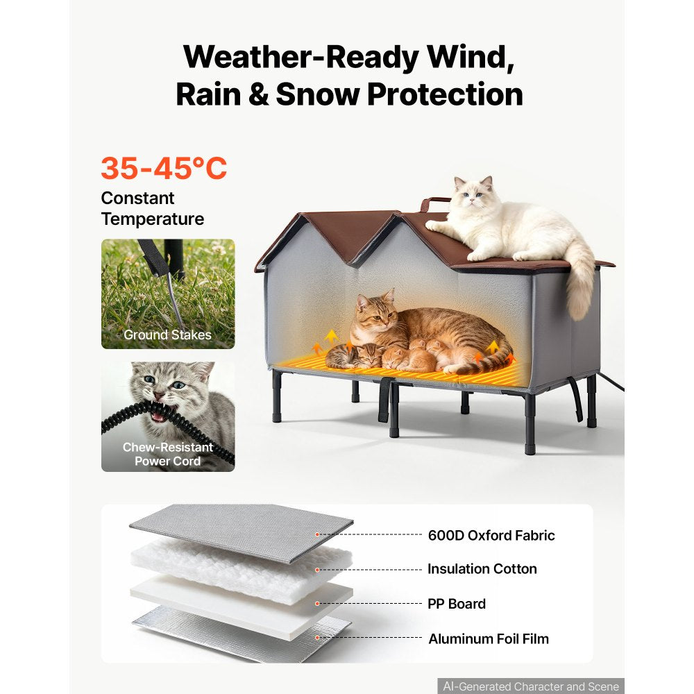 VEVOR Elevated Heated Cat House 35W Insulated Kitty Shelter with Heated Pad, for Indoor Outdoor Winter Use, Double-Door