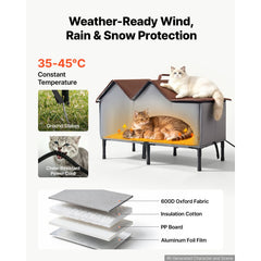 VEVOR Elevated Heated Cat House 35W Insulated Kitty Shelter with Heated Pad, for Indoor Outdoor Winter Use, Double-Door