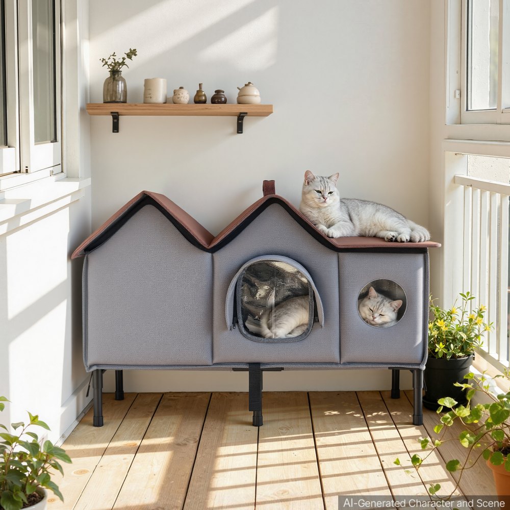 VEVOR Elevated Heated Cat House 35W Insulated Kitty Shelter with Heated Pad, for Indoor Outdoor Winter Use, Double-Door