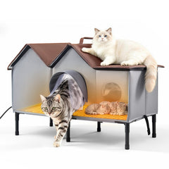 VEVOR Elevated Heated Cat House 35W Insulated Kitty Shelter with Heated Pad, for Indoor Outdoor Winter Use, Double-Door