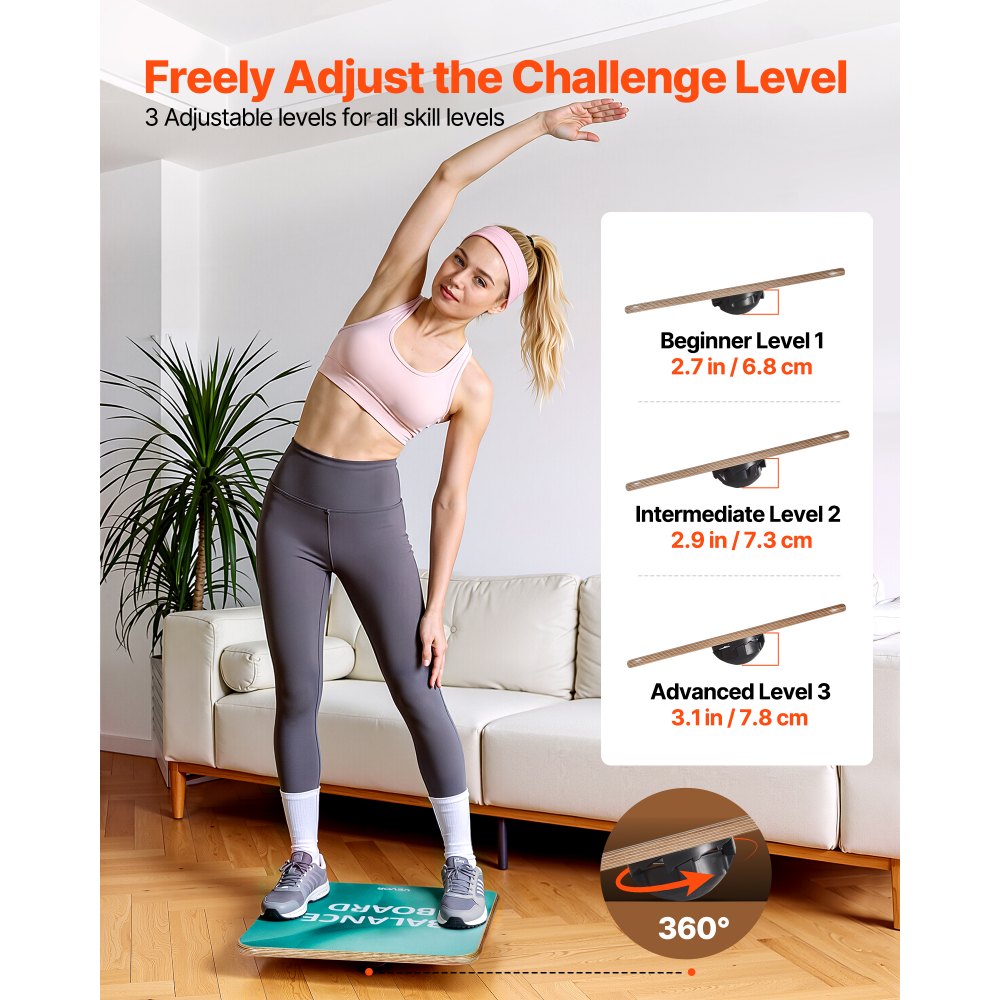 VEVOR Balance Board, 360° Rotating Wobble Board Trainer for Adults 3-Level Adjustable, Wooden Balance Training