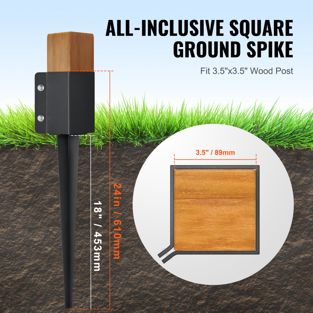 VEVOR Fence Post Anchor Ground Spike, 4 Pack 24 x 4 x 4 Inches Outer Diameter (Inner Diameter 3.5 x3.5 Inches), Metal
