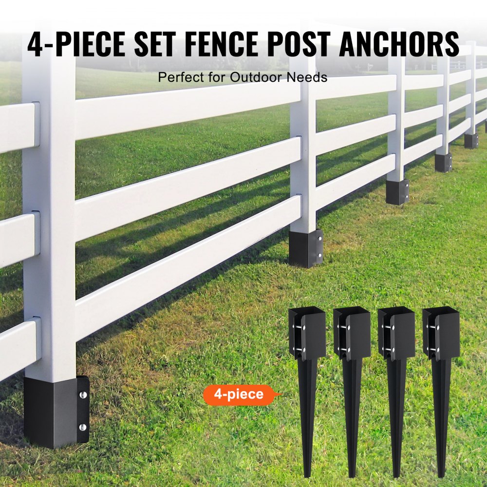 VEVOR Fence Post Anchor Ground Spike, 4 Pack 24 x 4 x 4 Inches Outer Diameter (Inner Diameter 3.5 x3.5 Inches), Metal