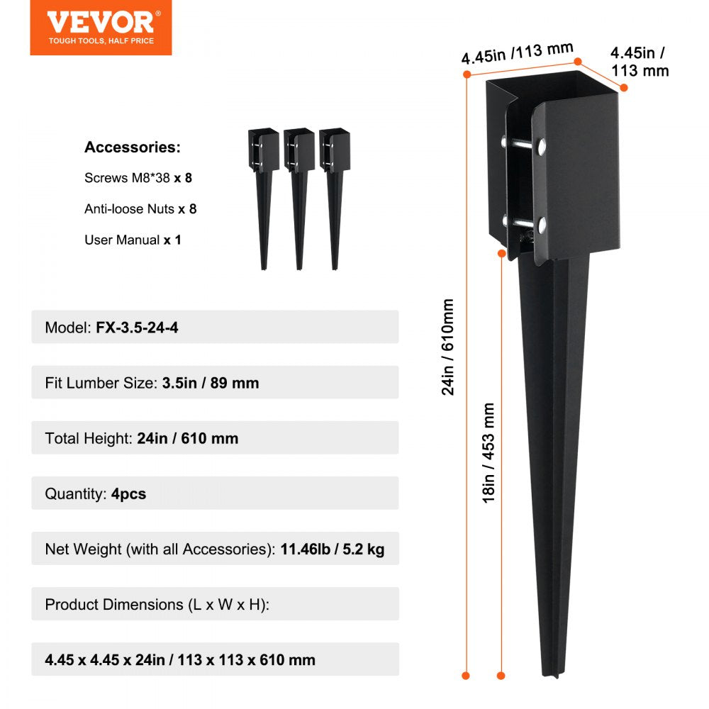 VEVOR Fence Post Anchor Ground Spike, 4 Pack 24 x 4 x 4 Inches Outer Diameter (Inner Diameter 3.5 x3.5 Inches), Metal