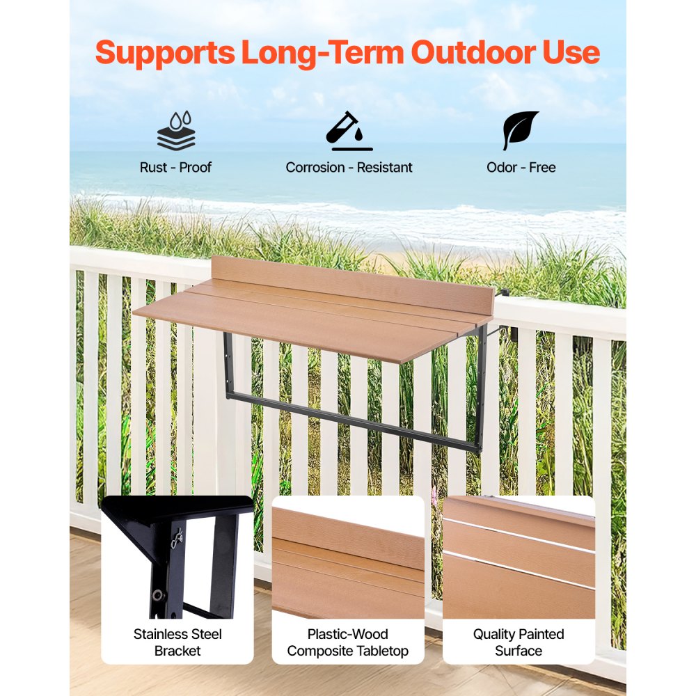 VEVOR Balcony Hanging Table, 15 x 39 in Folding Balcony Railing Table, Outdoor Balcony Bar Table for Railings, 5-Level