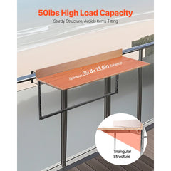 VEVOR Balcony Hanging Table, 15 x 39 in Folding Balcony Railing Table, Outdoor Balcony Bar Table for Railings, 5-Level
