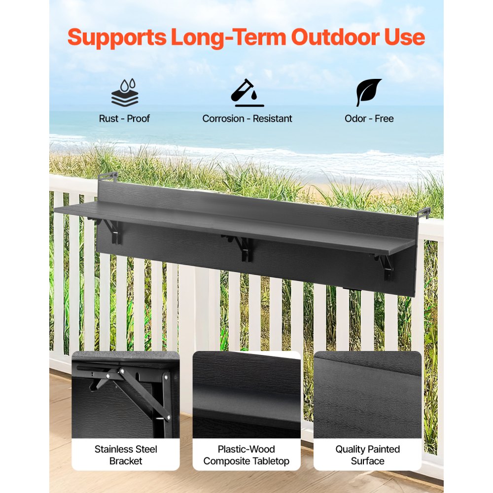 VEVOR Balcony Hanging Table, 12 x 48 in Folding Balcony Railing Table, Outdoor Balcony Bar Table for Railings, 50 lbs
