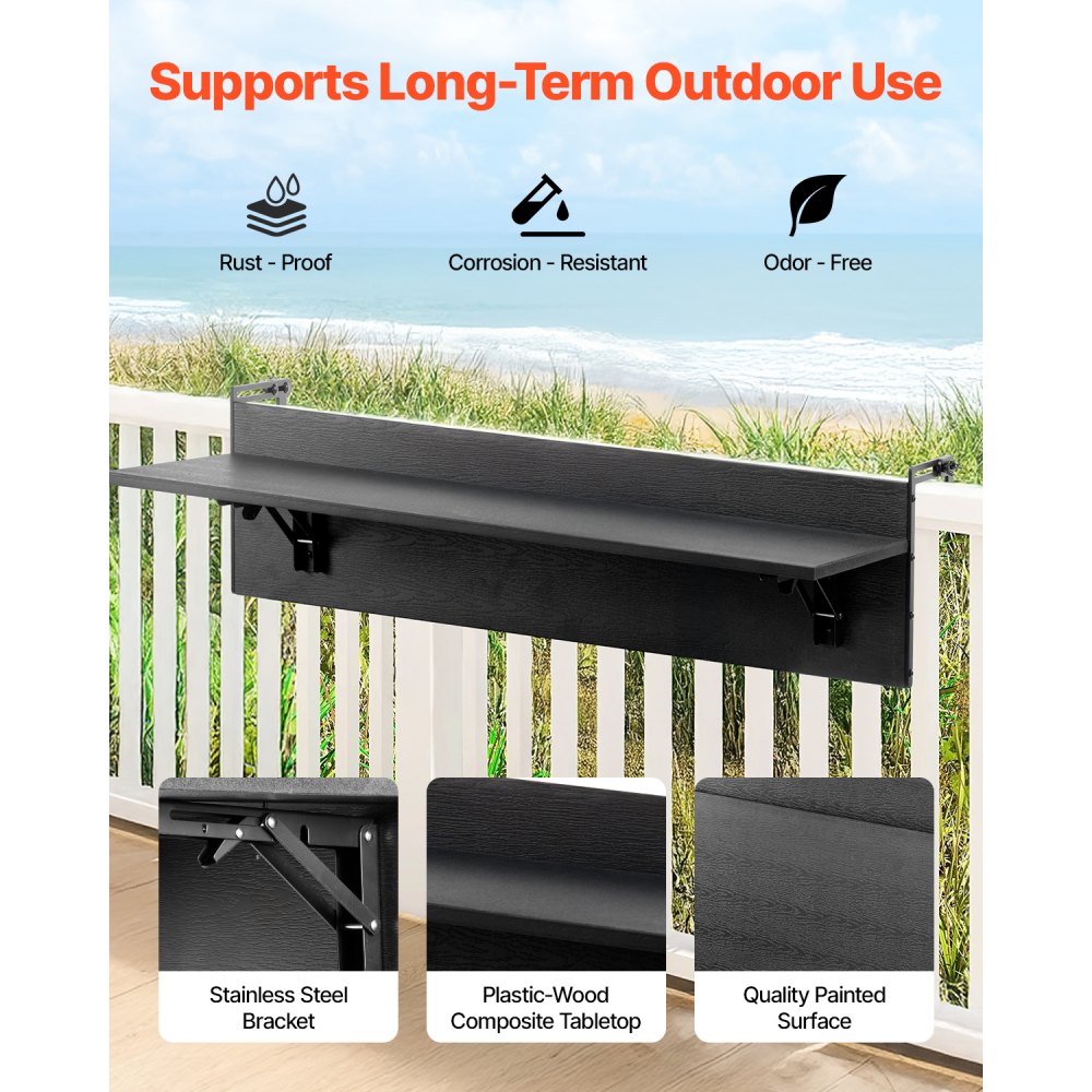 VEVOR Balcony Hanging Table, 12 x 32 in Folding Balcony Railing Table, Outdoor Balcony Bar Tables for Railings, 50 lbs