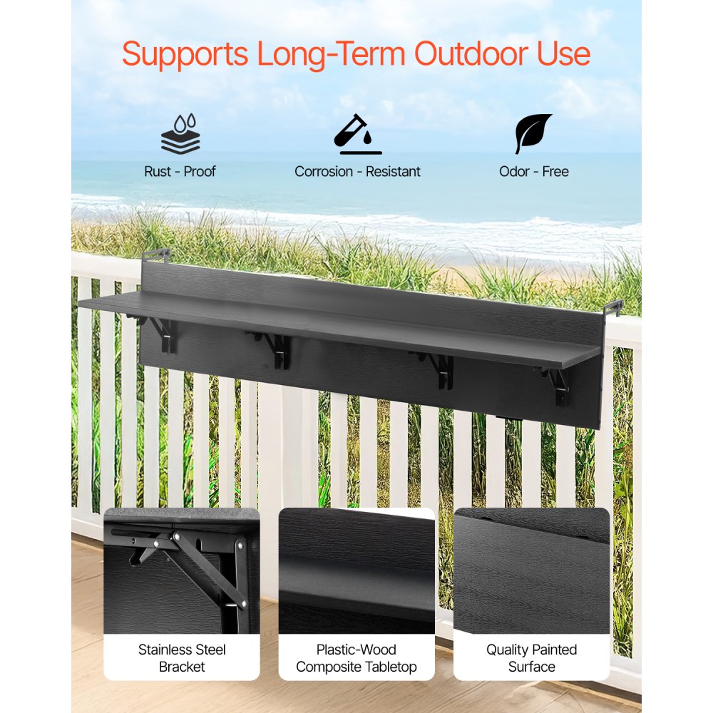 VEVOR Balcony Hanging Table, 12 x 59 in Folding Balcony Railing Table, Outdoor Balcony Bar Table for Railings, 50 lbs