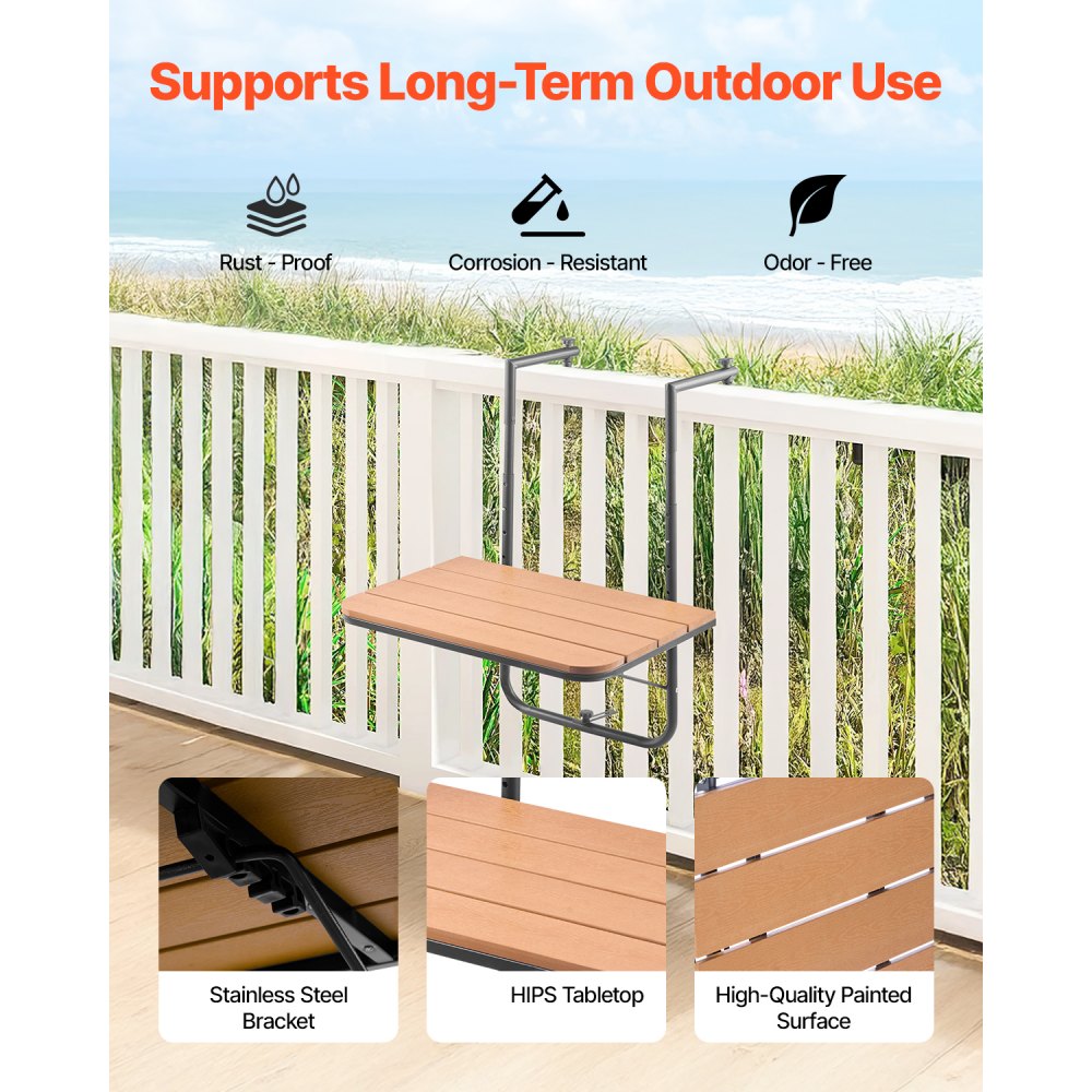 VEVOR Balcony Hanging Table, 25 x 24 in Folding Balcony Railing Table, Outdoor Balcony Bar Table for Railings, 4-Level