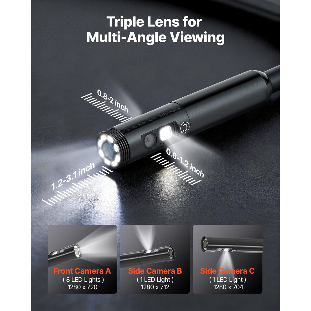 VEVOR Triple Lens Endoscope with Light, 4.5" HD IPS Screen Industrial Borescope Camera, 8 + 2 Lights, 8X Zoom, IP67