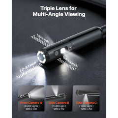 VEVOR Triple Lens Endoscope with Light, 4.5" HD IPS Screen Industrial Borescope Camera, 8 + 2 Lights, 8X Zoom, IP67