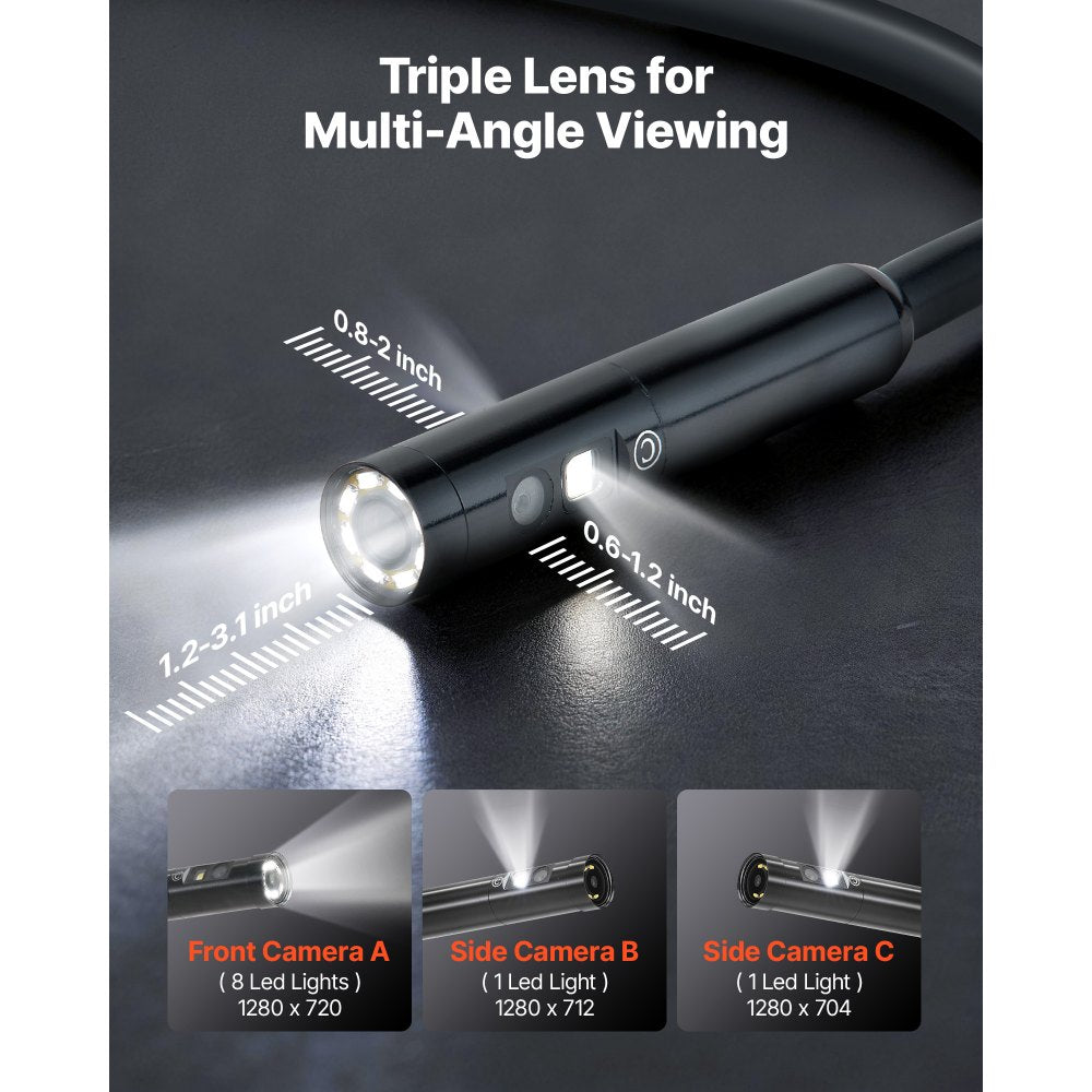 VEVOR Triple Lens Endoscope with Light, 5" HD IPS Screen Industrial Borescope, 1280 x 720 Lens, 8 + 2 LEDs, 8X Zoom