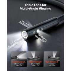 VEVOR Triple Lens Endoscope with Light, 5" HD IPS Screen Industrial Borescope, 1280 x 720 Lens, 8 + 2 LEDs, 8X Zoom