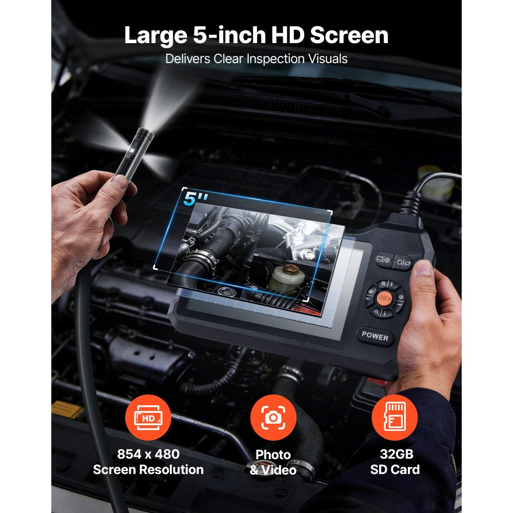 VEVOR Triple Lens Endoscope with Light, 5" HD IPS Screen Industrial Borescope, 1280 x 720 Lens, 8 + 2 LEDs, 8X Zoom