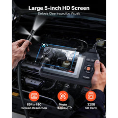 VEVOR Triple Lens Endoscope with Light, 5" HD IPS Screen Industrial Borescope, 1280 x 720 Lens, 8 + 2 LEDs, 8X Zoom