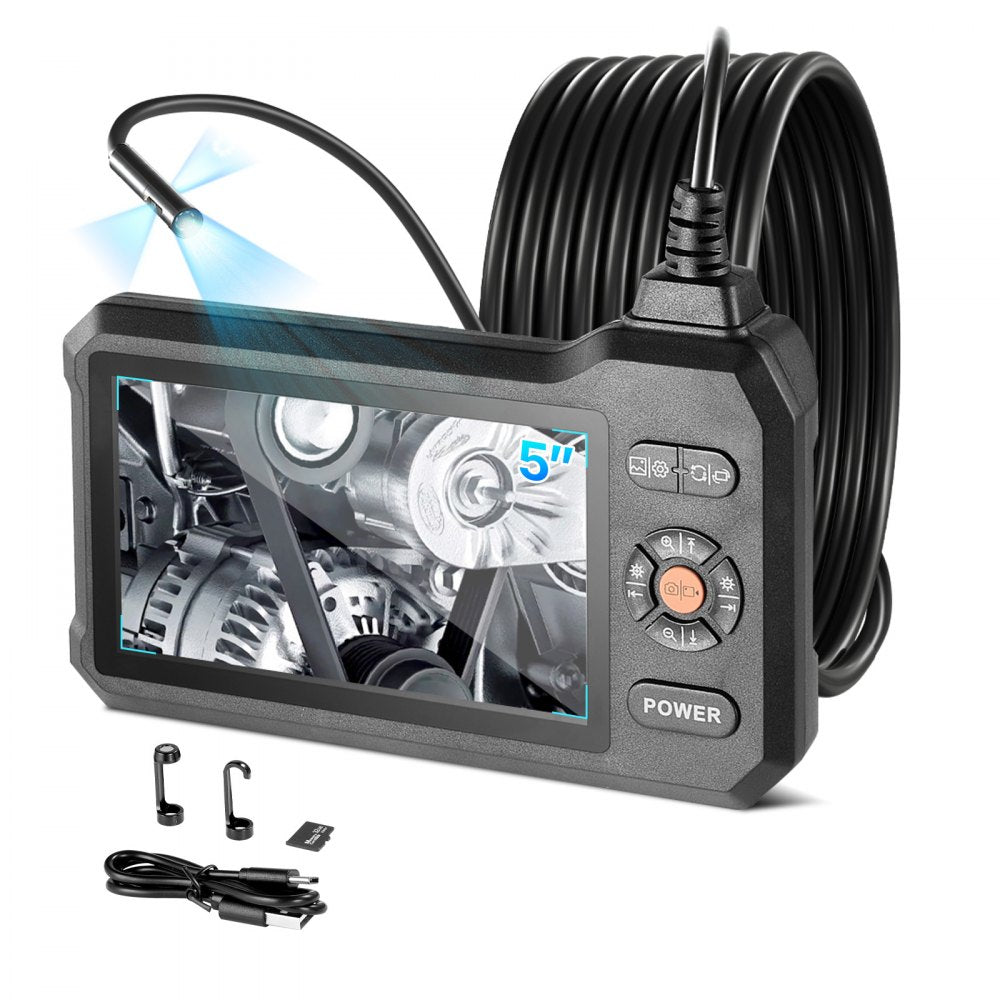 VEVOR Triple Lens Endoscope with Light, 5" HD IPS Screen Industrial Borescope, 1280 x 720 Lens, 8 + 2 LEDs, 8X Zoom