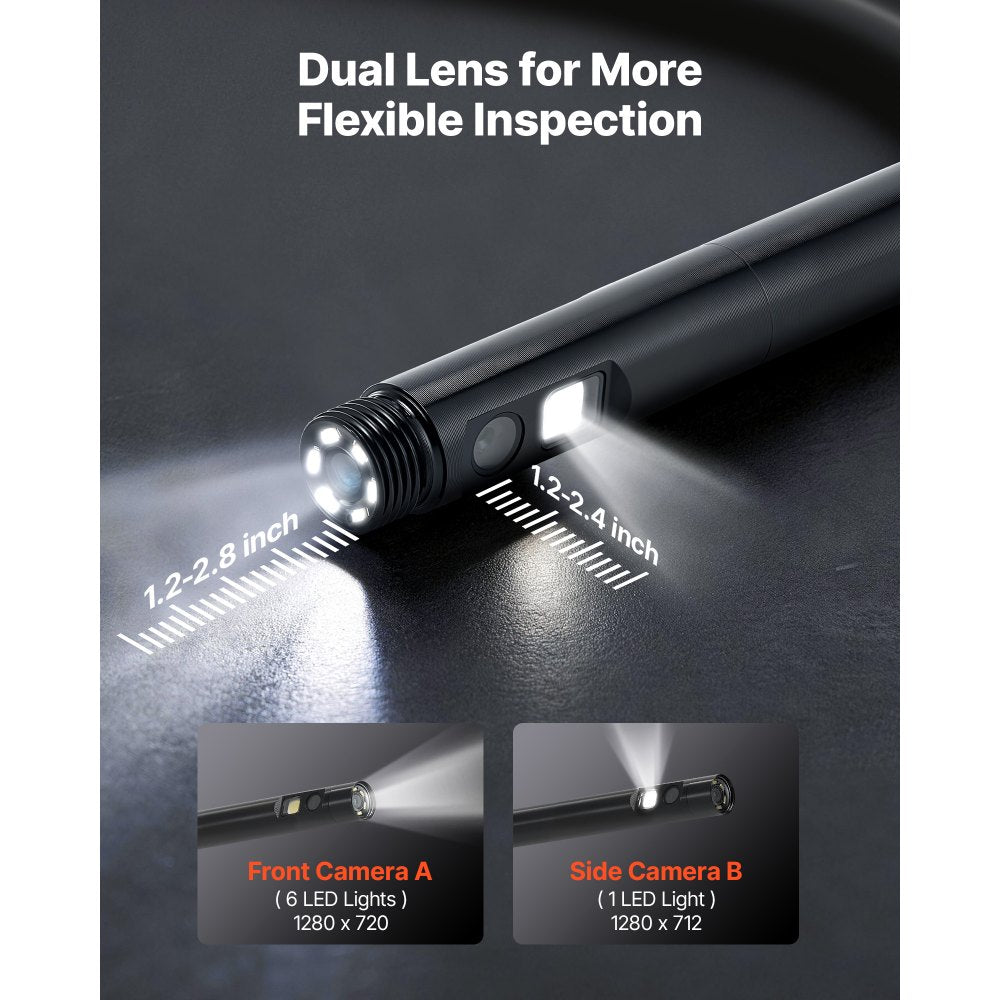 VEVOR Dual Lens Endoscope with Light, 5" HD IPS Screen Industrial Borescope Camera, 0.22-inch Slim Lens, 8X Zoom, IP67