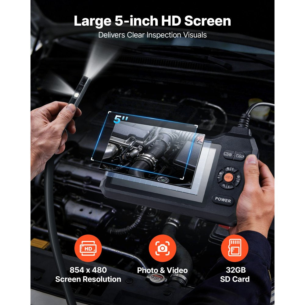 VEVOR Dual Lens Endoscope with Light, 5" HD IPS Screen Industrial Borescope Camera, 0.22-inch Slim Lens, 8X Zoom, IP67
